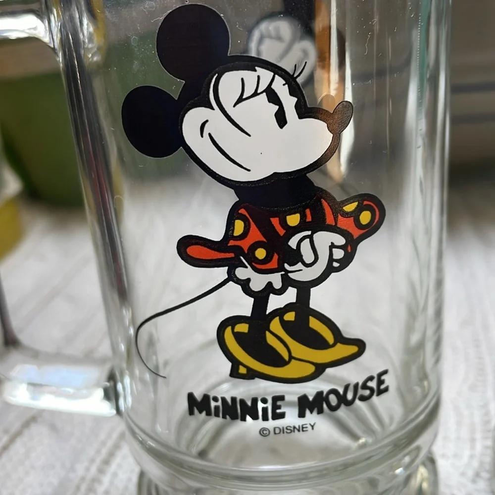 Vintage Walt Disney Production Mickey and Minnie Mouse Glass Footed Mug Set - Picture 3 of 10